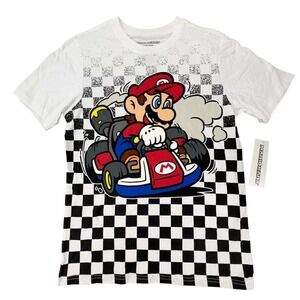 Mario Kart Boys small 6/7 T-Shirt White‎ Checkered Graphic Tee Nintendo NEW/tags